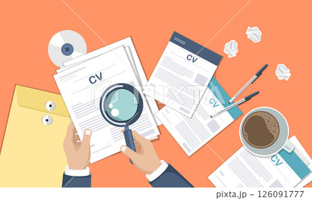 CV papers on desk with documents and magnifying glass. Human resources, hiring new employees concept. Flat vector design.	 126091777