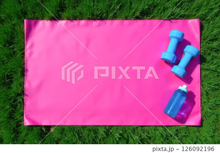 Two blue dumbbells and a water bottle lying on a pink yoga mat on the grass, top view, space for text Two blue dumbbells and a water bottle lying on a pink yoga mat on the grass, top view, space for text 126092196