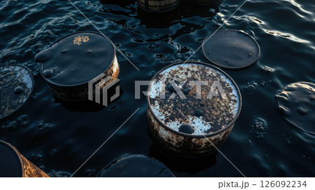 Rusty oil barrels floating in dark polluted water 126092234