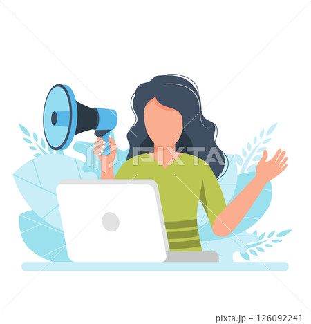 Digital marketing concept. Advertising and promoting. Flat vector illustration. Online marketing specialist. Female character Digital marketing concept. Advertising and promoting. Flat vector illustration. Online marketing specialist. Female character 126092241