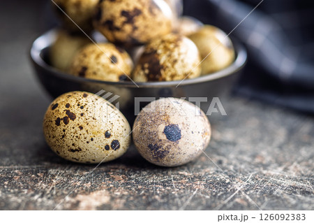 Spotted quail eggs on black table. Spotted quail eggs on black table. 126092383