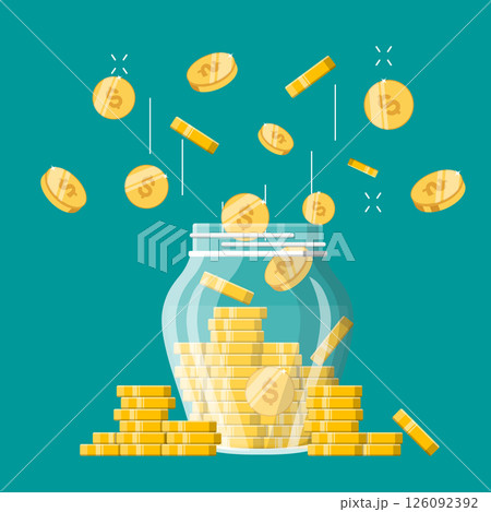 Growth, income, savings, investment. Glass money jar with gold coins. Money savings. Symbol of wealth. Business success. Flat style vector illustration.	 126092392