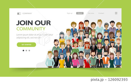 Join our community. Crowd of united people as a business or creative community standing together. Flat concept vector website template and landing page design for invitation to summit or conference	 126092393