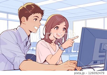 画面を指さすビジネスウーマンと画面を見るビジネスマン_イラスト1 画面を指さすビジネスウーマンと画面を見るビジネスマン_イラスト1 126092479