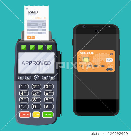 POS terminal and mobile smartphone payment transaction. Wireless, contactless or cashless payments, rfid nfc. Vector illustration in flat style	 126092499