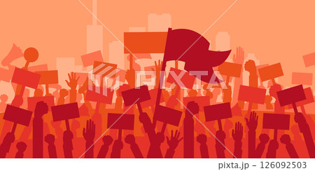 Concept for protest, revolution or conflict. Silhouette crowd of people protesters. Flat vector illustration.	 126092503