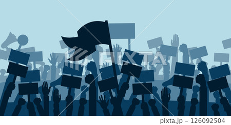 Concept for protest, revolution or conflict. Silhouette crowd of people protesters. Flat vector illustration.	 126092504