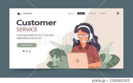 Online assistant landing page. Woman with headphones with computer. Concept illustration for support, assistance, call center. Technical support. Virtual help service. Vector illustration in flat.	 126092505