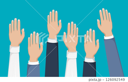 Voting concept. People's hands in the air for voting or volunteering concept. Flat vector illustration Voting concept. People's hands in the air for voting or volunteering concept. Flat vector illustration 126092549