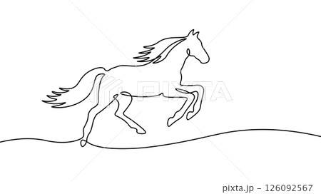 Black horse jumps gracefully. Mane tail legs detailed with smooth continuous line. Equine themed branding logo design. Simple line art style with plain white background vector illustration Black horse jumps gracefully. Mane tail legs detailed with smooth continuous line. Equine themed branding logo design. Simple line art style with plain white background vector illustration 126092567