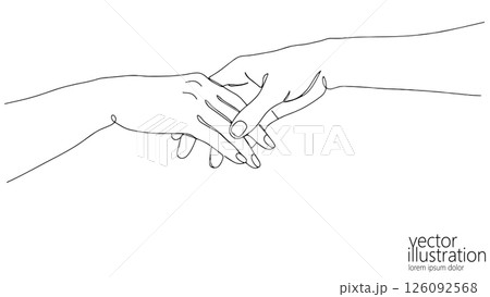 Holding hands line art illustration. Woman fingers gentle touch shown. Relationship wedding invitations, or therapy websites. Minimalist style, top-down view, clean white background Holding hands line art illustration. Woman fingers gentle touch shown. Relationship wedding invitations, or therapy websites. Minimalist style, top-down view, clean white background 126092568