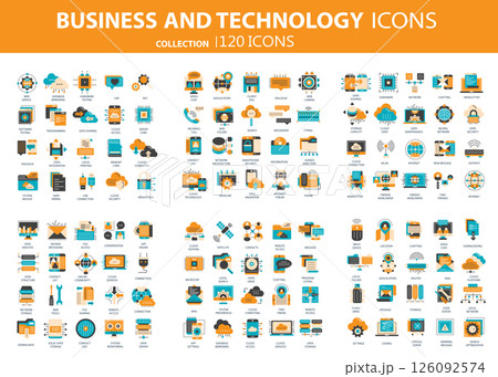 Business and marketing, programming, data management, internet connection, social network, computing, information. Icons set. Flat vector illustration	 126092574