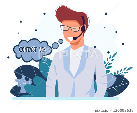 Online assistant landing page. Man with headphones with computer. Concept illustration for support, assistance, call center. Technical support. Virtual help service. Vector illustration in flat. Online assistant landing page. Man with headphones with computer. Concept illustration for support, assistance, call center. Technical support. Virtual help service. Vector illustration in flat. 126092639