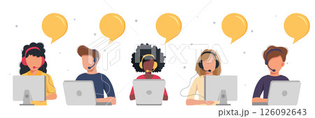 Online assistant landing page. People with headphones with computer. Concept illustration for support, assistance, call center. Technical support. Virtual help service. Vector illustration in flat.	 Online assistant landing page. People with headphones with computer. Concept illustration for support, assistance, call center. Technical support. Virtual help service. Vector illustration in flat.	 126092643