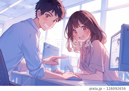 打ち合わせの途中で顔を上げたビジネスパーソン男女_イラスト1 打ち合わせの途中で顔を上げたビジネスパーソン男女_イラスト1 126092656