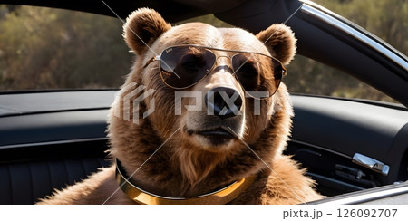Stylish Bear in Luxury Convertible with Sunglasses and Gold Collar. lifestyle concepts. Stylish Bear in Luxury Convertible with Sunglasses and Gold Collar. lifestyle concepts. 126092707