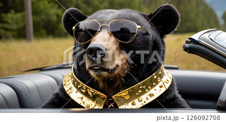 Stylish Bear in Luxury Convertible with Sunglasses and Gold Collar. lifestyle concepts. Stylish Bear in Luxury Convertible with Sunglasses and Gold Collar. lifestyle concepts. 126092708