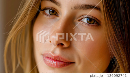 A close up of a woman's face with freckles on her face 126092741