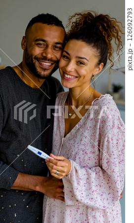 A man and woman standing next to each other holding a pregnancy test 126092793