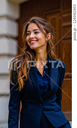 A woman in a blue suit smiling at the camera 126092803