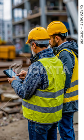 Two construction workers wearing safety vests and hard hats looking at a tablet 126092845
