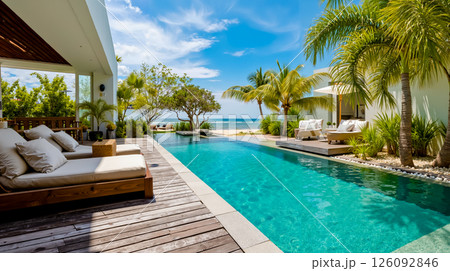 A swimming pool with lounge chairs and a view of the ocean 126092846