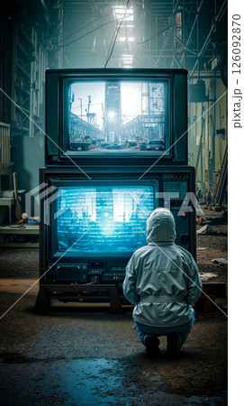 A person sitting in front of a television set in a factory A person sitting in front of a television set in a factory 126092870