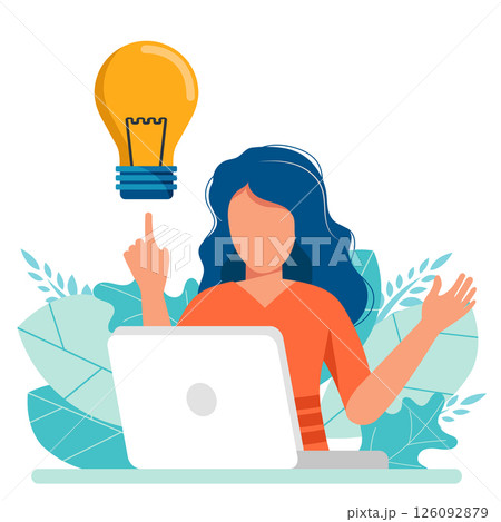 Business woman with light bulb idea and money, business concept. Brainstorming. Flat vector illustration Business woman with light bulb idea and money, business concept. Brainstorming. Flat vector illustration 126092879