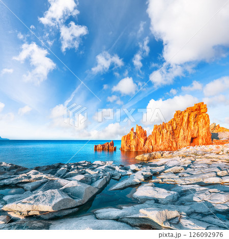 Remarkable sunset view of Red Rocks (Rocce Rosse) in Arbatax. 126092976