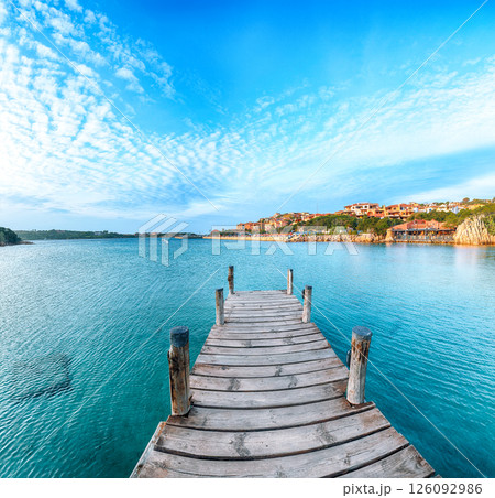 Unbelivable view of Porto Cervo from wooden pier. Unbelivable view of Porto Cervo from wooden pier. 126092986