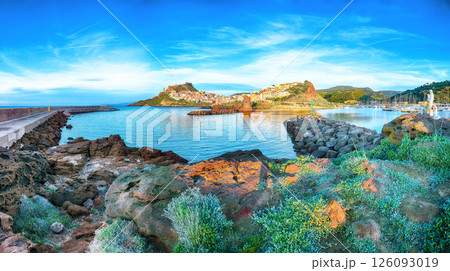 Unbelivable view of Medieval town of Castelsardo. Cityscape of Castelsardo port. Unbelivable view of Medieval town of Castelsardo. Cityscape of Castelsardo port. 126093019
