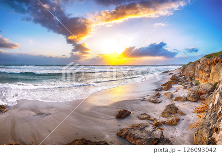 Unbelivable view of  sunset on beach Capo San Marco Oristano on Del Sinis peninsula. 126093042