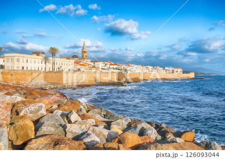 Astonishing evening cityscape of historical part of Alghero town. 126093044
