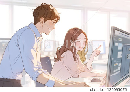 画面を指さすビジネスウーマンと画面を見るビジネスマン_イラスト7 126093076