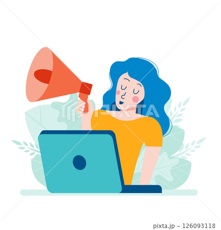 Digital marketing concept. Advertising and promoting. Flat vector illustration. Online marketing specialist. Female character Digital marketing concept. Advertising and promoting. Flat vector illustration. Online marketing specialist. Female character 126093118