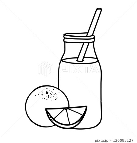 Orange Smoothie or Detox Cocktail in the bottle with straw. Healthy Drink Vector illustration with whole fruit and slice in Doodle style isolated. Black and white outline drawing. Ideal for beverage Orange Smoothie or Detox Cocktail in the bottle with straw. Healthy Drink Vector illustration with whole fruit and slice in Doodle style isolated. Black and white outline drawing. Ideal for beverage 126093127