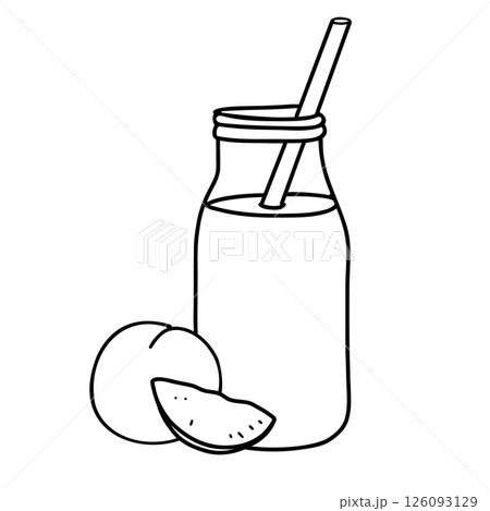 Peach Smoothie. Detox Cocktail in the bottle with straw with whole and slice fruit. Healthy Drink Vector illustration in Doodle style isolated. Black and white outline drawing. Ideal for beverage 126093129