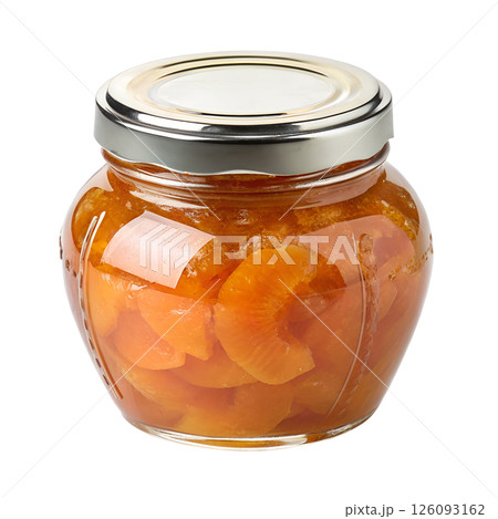 Glass jar of homemade tangerine jam with citrus slices, sweet preserves 126093162