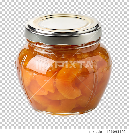 Glass jar of homemade tangerine jam with citrus slices, sweet preserves 126093162