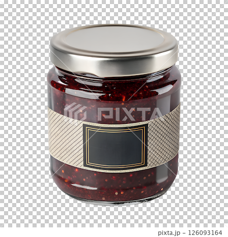 Glass jar of homemade strawberry jam with silver lid, sweet homemade conserve and toast topping Glass jar of homemade strawberry jam with silver lid, sweet homemade conserve and toast topping 126093164