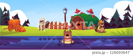 Cute beaver family wildlife on nature landscape, house with fly agaric, cart with pumpkins vector flat illustration 126093647