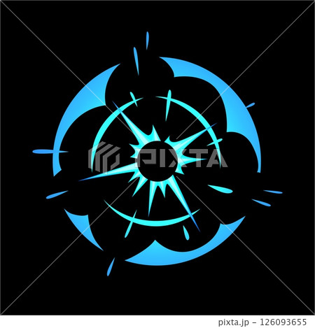 Bomb explosion, detonated boom flash cartoon game bang effect, vector blue smog and haze round trace sparks, weapon shot 126093655