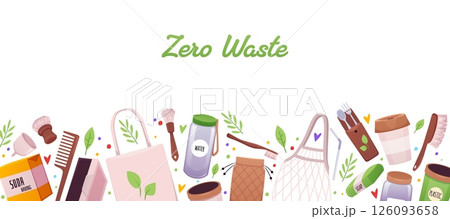 Zero waste border design, ECO lifestyle, ecological elements, recycle reuse glass bottles, cutlery, hygiene accessories 126093658