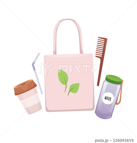 Zero waste, ECO lifestyle, ecological elements collection, vector reusable glass jar, eco bag and cup, straw and comb 126093659