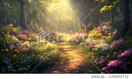 Sunlit Path Through a Vibrant Flowery Forest Sunlit Path Through a Vibrant Flowery Forest 126093712