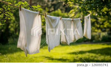 White Clothes Hanging on a Clothesline in a Sunny Garden 126093741