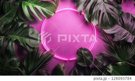 Pink Neon Circle Frame Surrounded by Lush Tropical Leaves 126093784