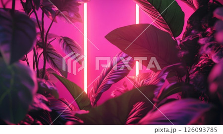 Pink Neon Lights Illuminating Lush Tropical Foliage 126093785