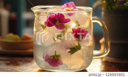 Pink Flowers Frozen in Ice Pitcher on Wooden Table 126093801