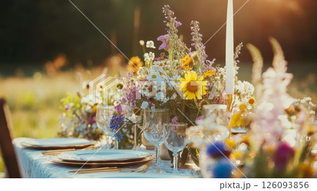 Rustic Summer Wildflower Table Setting Outdoors 126093856